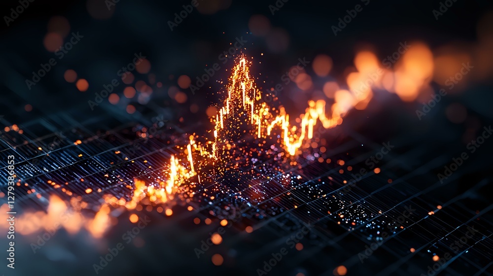 Poster glowing orange financial chart rises from digital grid surface with bokeh light effects and particle