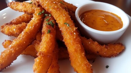 Crispy Golden Sweet Potato Fries with Dipping Sauce on Plate