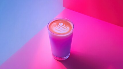 Fototapeta premium Vibrant latte art in a glass on a colorful backdrop with a modern aesthetic