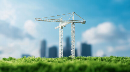 model crane stands on grassy field with city skyline in background
