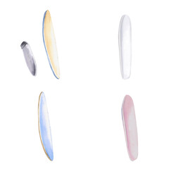 Set of surfboards of different colors. Isolated watercolor illustration for design of sport shops, theme parties, summer restaurants.
