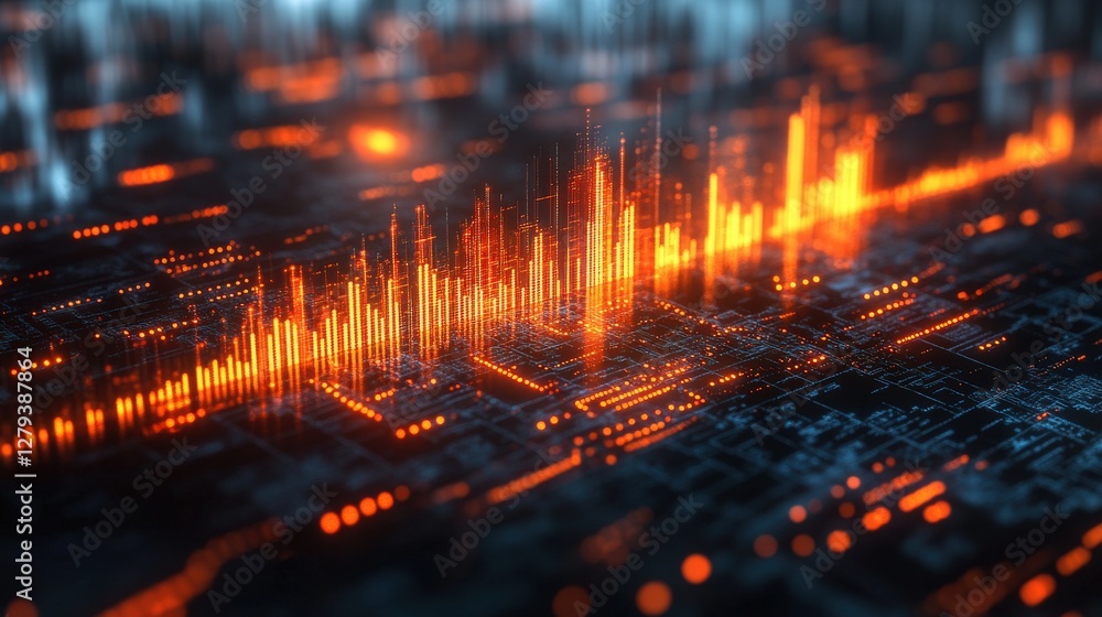 Poster abstract digital landscape with glowing orange data waves over a dark circuit board background