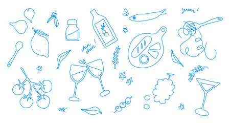 Mediterranean picnic illustration. Isolated drawing for restaurant menu, bars or wedding celebrations with healthy and ecologic food