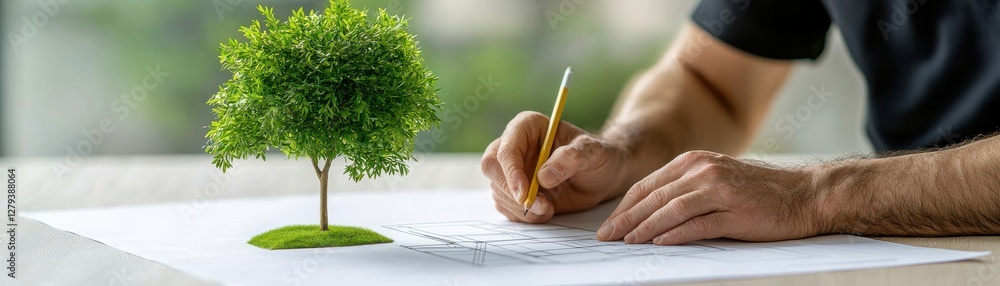 Poster conceptual design process with miniature tree model and hands drawing architectural plan on table in