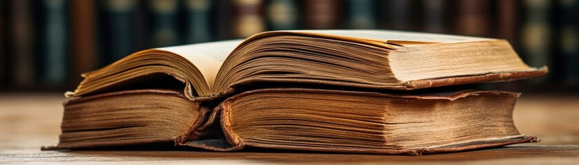 A stack of aged, open books rests on a wooden table, showcasing their worn pages and rich texture, This image is ideal for educational materials, literary blogs, or vintage-themed projects,