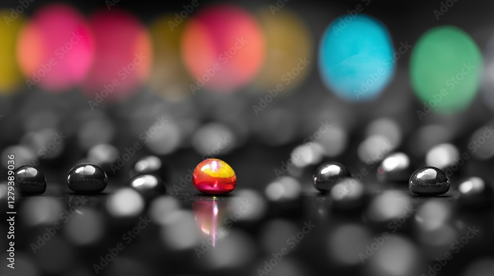 Poster a monochrome world, except for one brightly colored object in focus