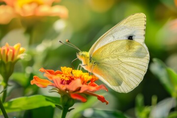 Obraz premium A yellow butterfly with white wings and black dots is perched on a bright orange flower. The butterfly delicately interacts with the vibrant blooms in a sunny garden