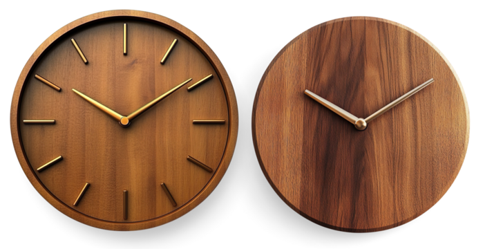 Minimalist Wooden Wall Clock with Black Hands on a Transparent Background
