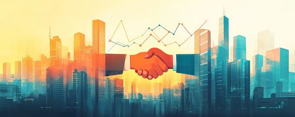 Successful business merger handshake with upward graphs symbolizing growth and teamwork in a corporate cityscape