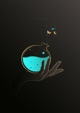 Illustration of a woman's hand that holds a magic elixir. Mystical potion vessel Vector illustration