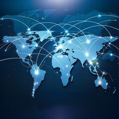 Global network visualization with illuminated map and connection lines representing technology and communication with copy space