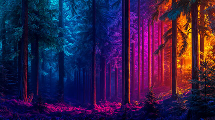 Colorful neon pine trees in the forest, vibrant photography, high resolution, high detail, close-up, photorealistic, National Geographic-style photography