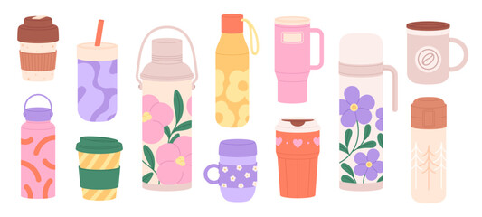 Reusable mug. Thermo mugs, thermos and tumbler for hot beverages. Takeaway crockery for coffee tea herbal drinks. Plastic metal racy vector cups