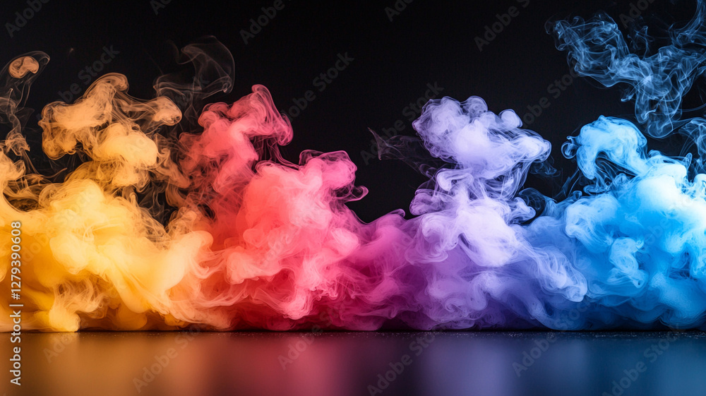Poster mesmerizing swirls of colorful smoke creating an ethereal atmosphere against a dark background