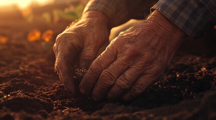 A close-up of a farmer&rsquo;s hands planting young tomato seedlings in the soil