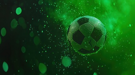 Naklejka premium Green soccer ball in mid-air, abstract background, digital art, graphic design
