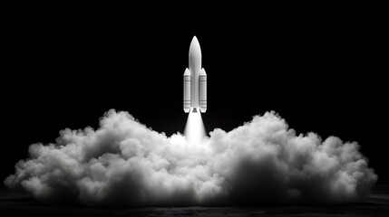 Rocket Launching into Space at Night, A rocket launching into space with smoke and flames, set against a dark sky