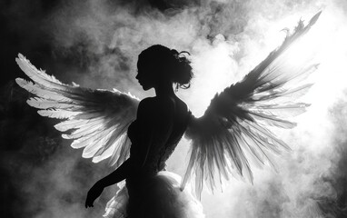 Silhouette of a winged figure surrounded by dramatic smoke in a dark setting