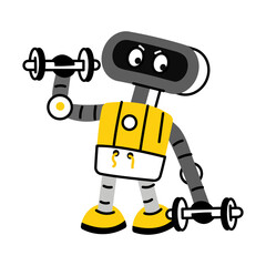 Workout robot carrying gym dumbbells, flat style illustration