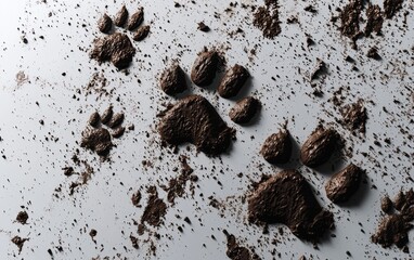 Paw prints and muddy trails create a natural pattern on a smooth surface in an outdoor setting
