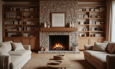 Cozy living room with a stone fireplace