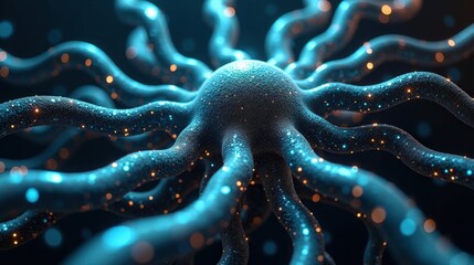 Abstract Art in a hyper-realistic network of biomimetic AI, metallic tendrils resembling organic synapses, data pulses moving like electrical impulses, evolving fractal geometry