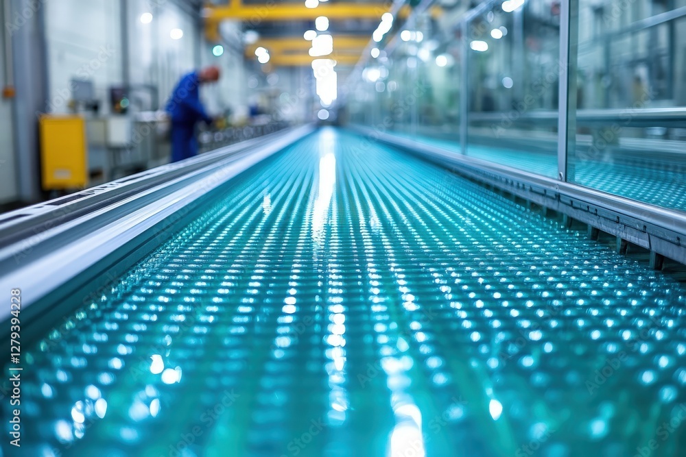 Poster industrial conveyor belt with turquoise translucent product; modern factory setting, close-up view e
