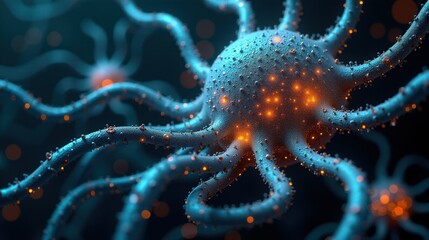 Abstract Art in a hyper-realistic network of biomimetic AI, metallic tendrils resembling organic synapses, data pulses moving like electrical impulses, evolving fractal geometry
