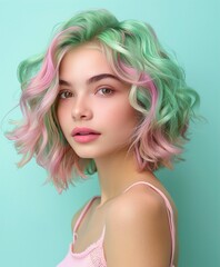 Fototapeta premium A young Caucasian woman with stunning pastel green and pink curly hair, dressed in a soft pink top, poses against a vibrant turquoise background. posing confidently, bold and expressive
