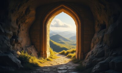 Scenic mountain view through ancient archway
