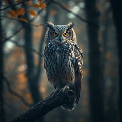 Fototapeta premium Owl standing on a branch, staring intensely in an autumn forest setting