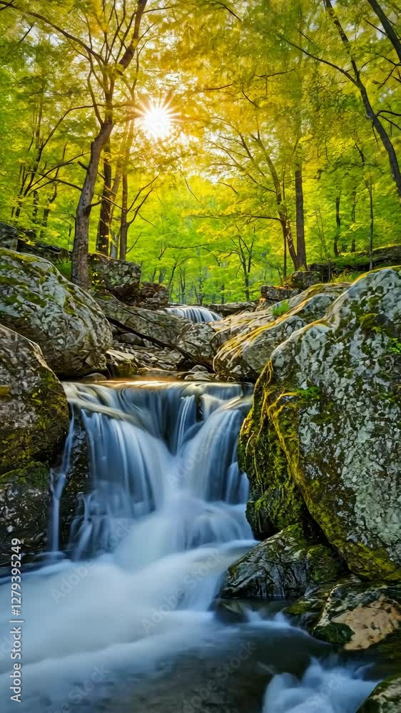 Poster sunlight filtering through trees over a serene waterfall in a lush forest during the golden hour