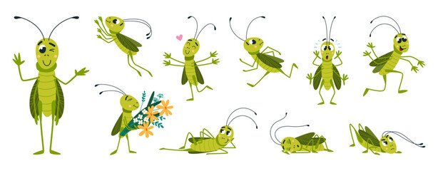 Funny grasshopper. Green grasshoppers run sleep play, falling in love and holding flowers. Garden insects cartoon characters, children mascots classy vector set