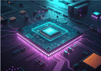 Fototapeta premium Futuristic Microchip with Glowing Circuitry, High Tech Technology Concept