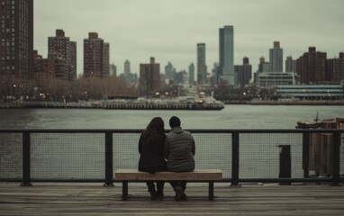 Fototapeta premium Couple enjoys quiet moment on bench overlooking city skyline by the river during cloudy afternoon