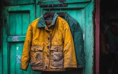 Obraz premium Colorful jackets hanging on a rustic wooden door in a quaint market during a sunny afternoon