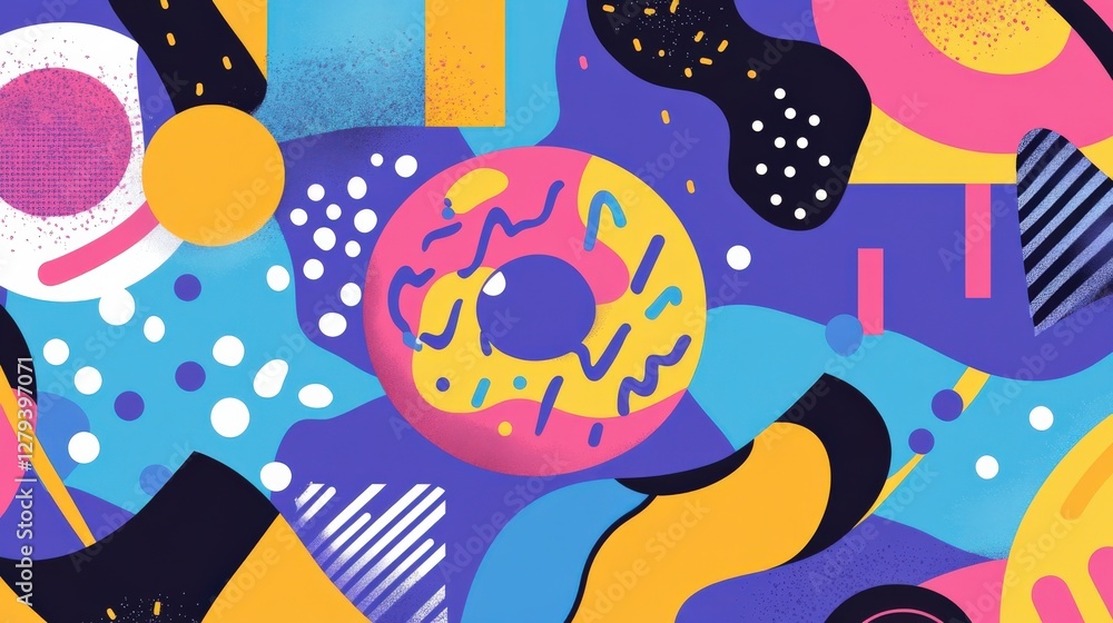 Poster colorful abstract pattern featuring playful shapes and a donut motif in a vibrant background