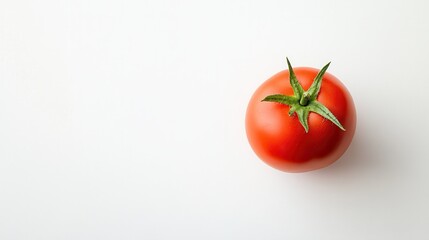A vibrant tomato rests on a table against a clean white background, showcasing its rich color and smooth texture.