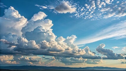 Obraz premium Cumulus Cloudscape Wide Shot Composition, Dramatic Lighting, Serene Landscape, Cloud Formations Clouds, Landscape Photography