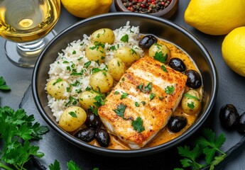 Grilled Fish Fillet with Creamy Olive Sauce and Roasted Potatoes