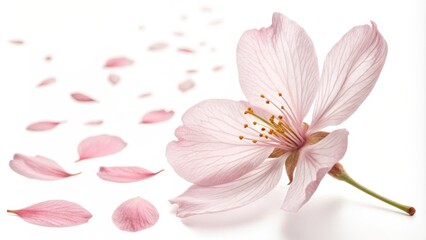 Delicate Pink Cherry Blossom Close-up Composition with Falling Petals, Spring Bloom, Floral Photography,Nature, White Background Cherry blossom, Spring flowers