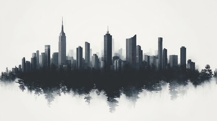 Fototapeta premium Silhouette of a city skyline at dawn with misty trees in the foreground and urban life awakening