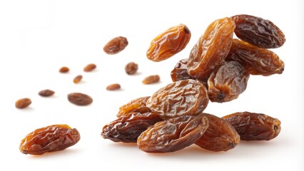 Obraz premium Falling Raisins High-Res Close-up of Brown Raisins in Motion, Food Photography, Dried Fruit, Raisin Composition, Healthy Snack Dried fruit, food photography