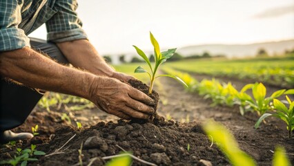 Farmer Planting Sapling Close-up Composition, Golden Hour Light, Agriculture Concept, Sustainable Farming Agriculture, Planting