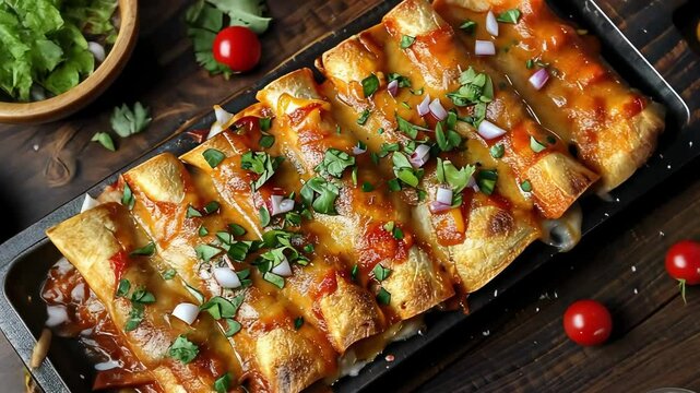 A platter of enchiladas on a wooden board, topped with cheese and herbs. Cinco de Mayo, traditional Mexican cuisine