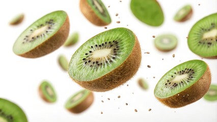 Fototapeta premium Floating Kiwi Slices High-Resolution Image of Multiple Halved Kiwis in Mid-Air, Dynamic Composition, Juicy Fruit Concept, food photography Kiwi, fruit photography