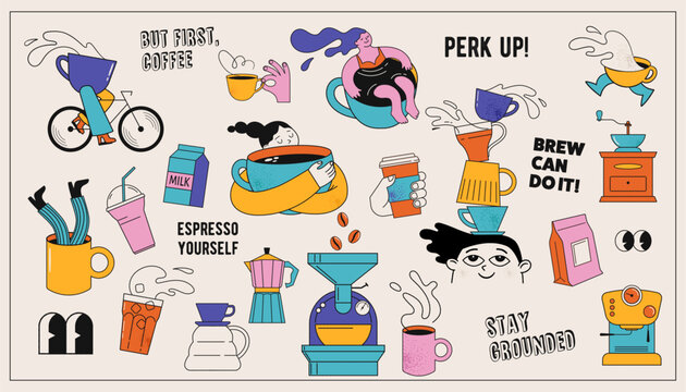 Collection of coffee illustrations and icons. Cafe and coffeeshop design. Concept characters with coffee mugs and utensils. Modern minimalist flat art. Perfect for coffee stores, prints, stickers.