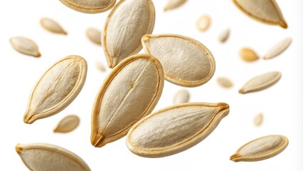 Obraz premium Floating Pumpkin Seeds Close-up Photography, Multiple Seeds, White Background, Food Photography, Healthy Snack Pumpkin Seeds, Food Photography