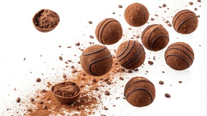 Fototapeta premium Flying Chocolate Truffles Cocoa Powder, Levitation Photography, Gourmet Sweets, Delicious Dessert Chocolate, Truffles