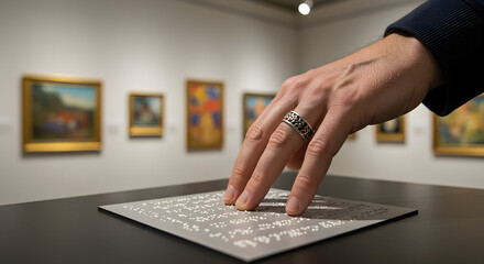 A person reads a Braille sign in an art gallery, with blurred visitors and colorful paintings in the background.